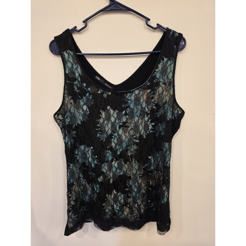 Y2K Lace Overlay Tank Top Black Floral Sheer Fairy Grunge Layered Size L